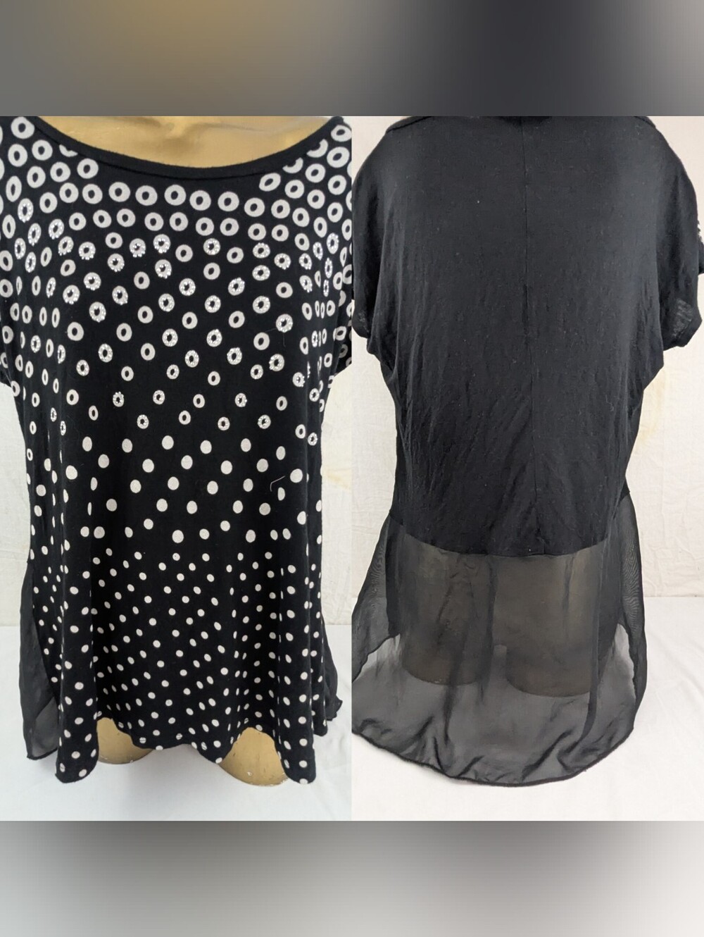 B.L.E.U. Black & White Embellished Polka Dot Cap Sleeve Woman's Blouse Large